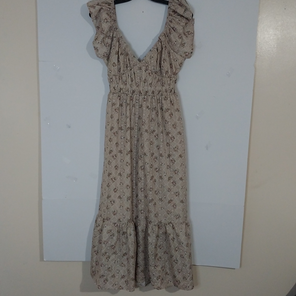 Altar D State Floral Maxi Dress Beige Ruffle Sleeve Cottagecore Prairie Dress - Picture 2 of 14